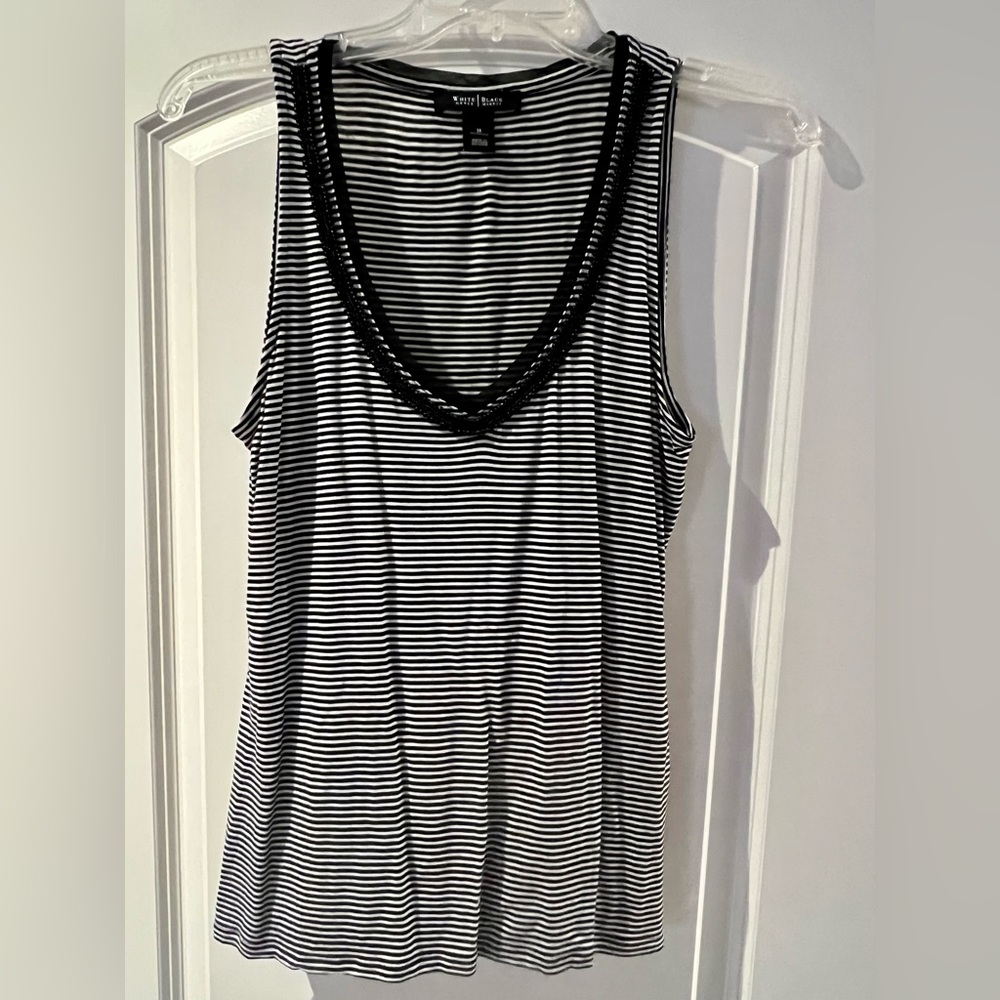 WHBM Sleeveless Black & White Striped V-Neck With Beading - Size Medium